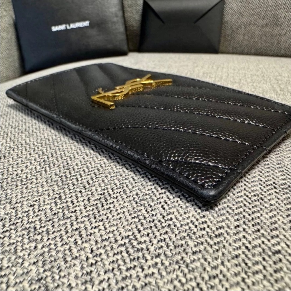Saint Laurent Quilted Black Card Holder with Gold Logo - Picture 6 of 12